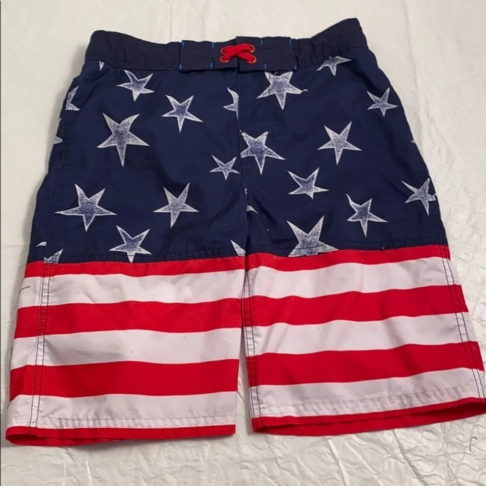 Cat and Jack American Flag red white blue swim trunks L = 12-14